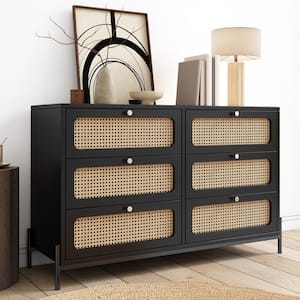 Black Modern Cannage Rattan Wood 6-Drawer 47 in. Wide Dresser