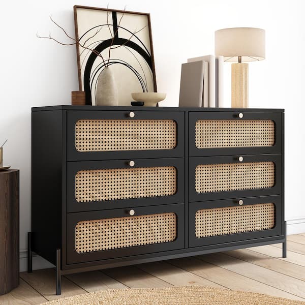 Harper & Bright Designs Black Modern Cannage Rattan Wood 6-Drawer 47 in. Wide Dresser
