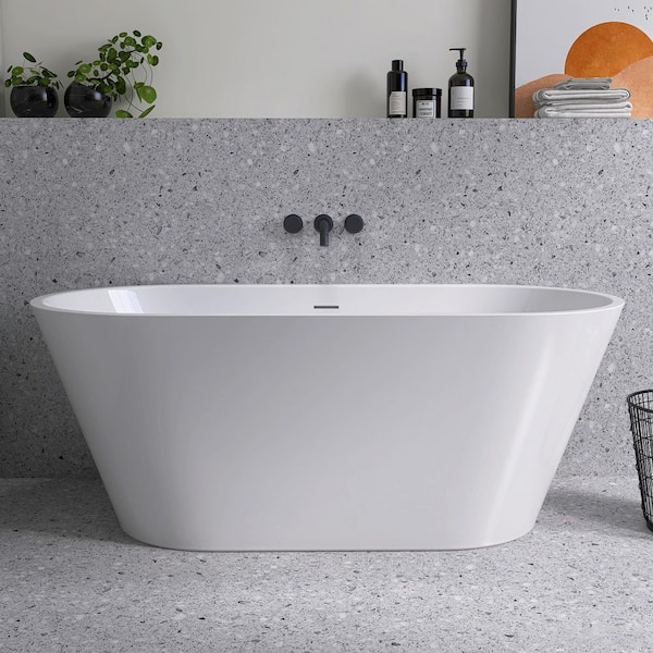 Getpro 67 in. x 29.5 in. Oval Free Standing Soaking Bathtub Flat Bottom with Center Drain Freestanding Bathtub in Glossy White