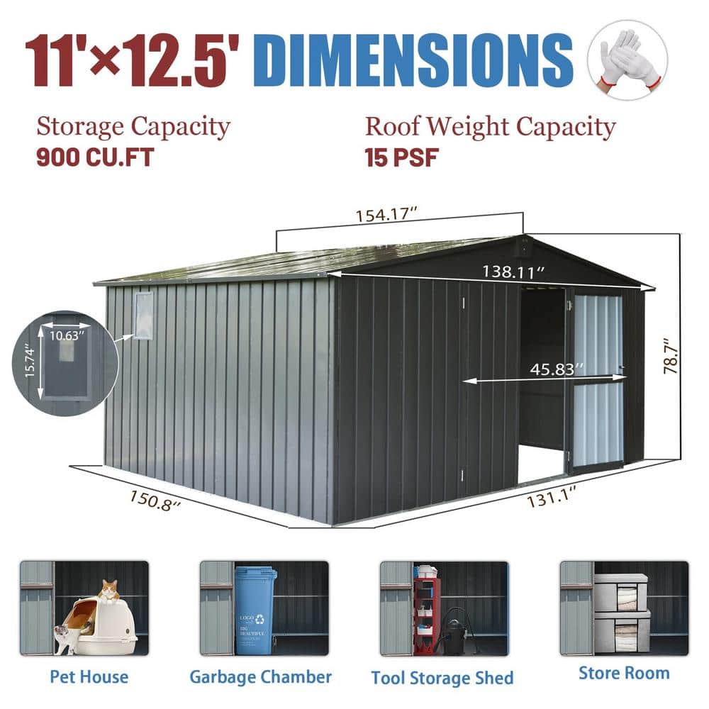 Large Gray Metal Outdoor Garden Shed with Double Doors and Windows