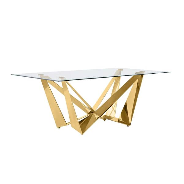 Best Quality Furniture Ermes Clear Glass Top 42 in W. 4 Legs Gold Stainless Steel Dining Table Seats 6