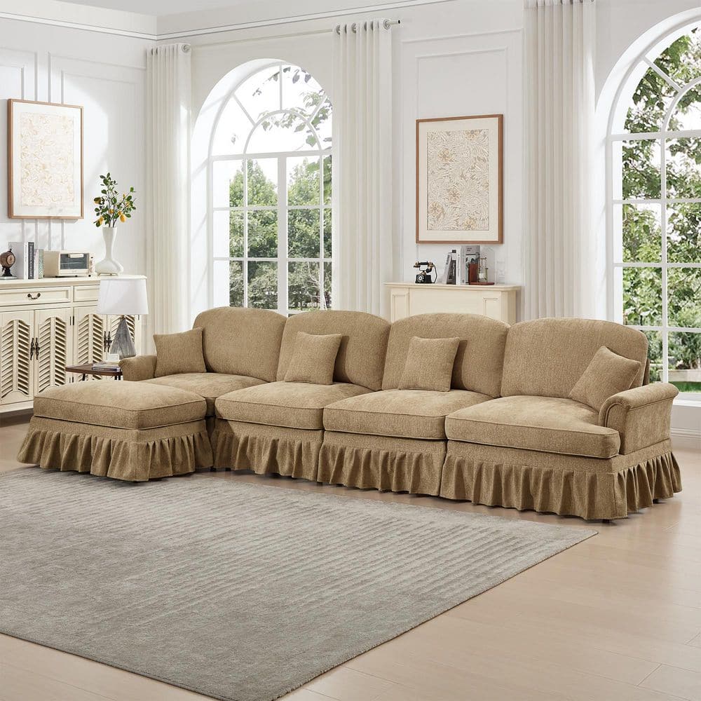 Chief 137.8 in. Flared Arms Chenille L-Shaped Sectional Sofa in Brown, Removable Ruffles Pleats Skirts, 1 Ottoman,Coffee price history on PriceWatchPro
