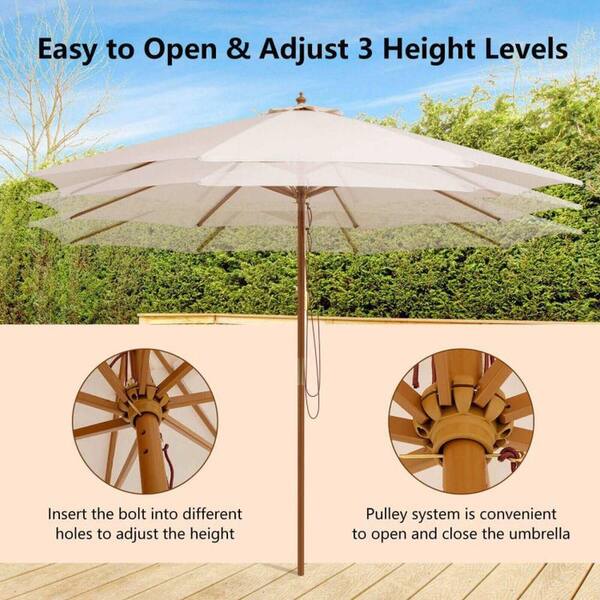 Clihome 10ft. Wood Patio Umbrella in Beige with Rope Pulley and Adjustable Height for Garden Deck Shade CL-MS10817 Clihome 10ft. Wood Patio Umbrella in Beige with Rope Pulley and Adjustable Height for Garden Deck Shade CL-MS10817