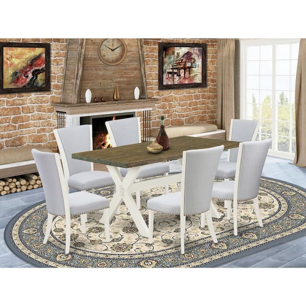 East West Furniture 7-Piece Distressed Jacobean Finish Solid Wood Top Dining Set with 1 table and 6 Upholstered-Chairs with Lattice Back