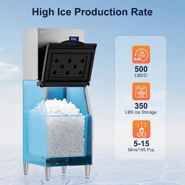 22 in. 500 lb./24 H Full Size Cubes Commercial Freestanding Ice Maker in Stainless Steel, Auto Cleaning, 350 lb. Storage