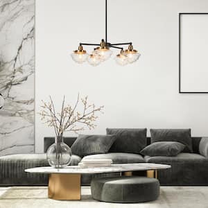 22.5 in. 5-Light Brass-Plated Round Chandelier, Seeded Glass Black Pendant Light, Modern Hanging Light Fixture