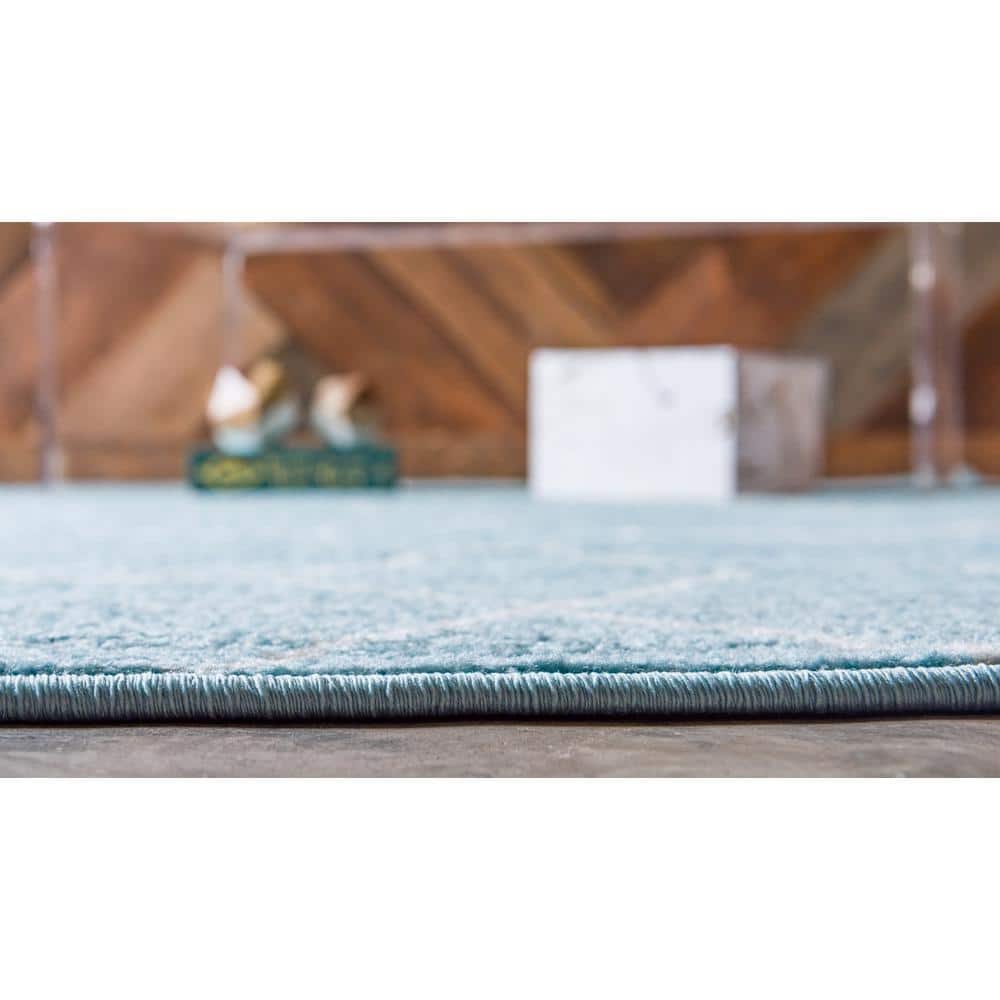 Light Blue Round Synthetic Trellis Easy Care Rug