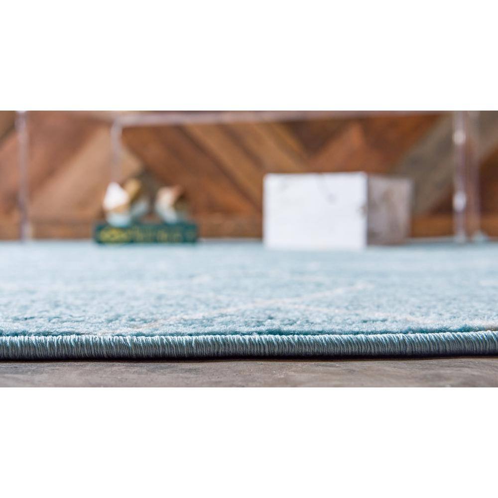 Light Blue and Ivory Round Geometric Trellis Rug