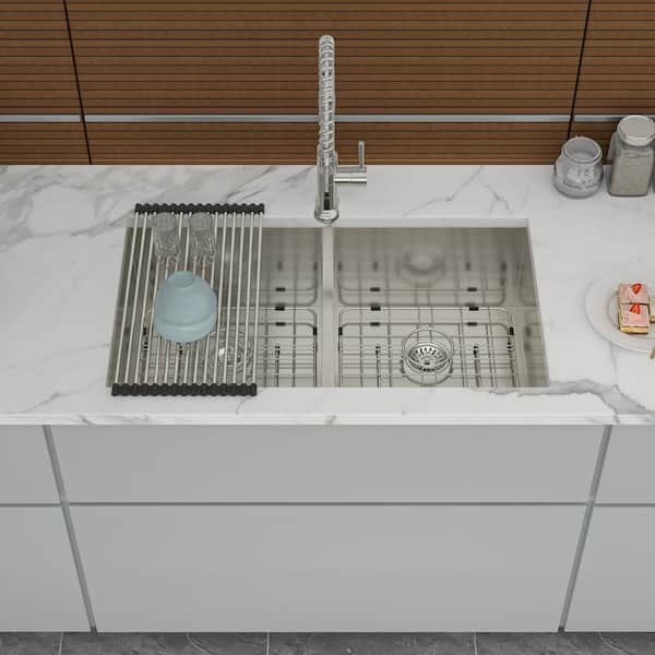Unbranded 33 in. Undermount Double Bowl 16 Gauge Brushed Nickel Stainless Steel Kitchen Sink with Bottom Grids