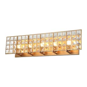 Modern Powder Bath Room Vanity Light, 34.2 in. 5-Light Gold Wall Sconce Light with Rectangle Crystal Shade