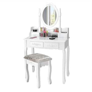 4-Drawer White Vanity Sets with 360° Rotatable Oval Mirror and Padded Stool