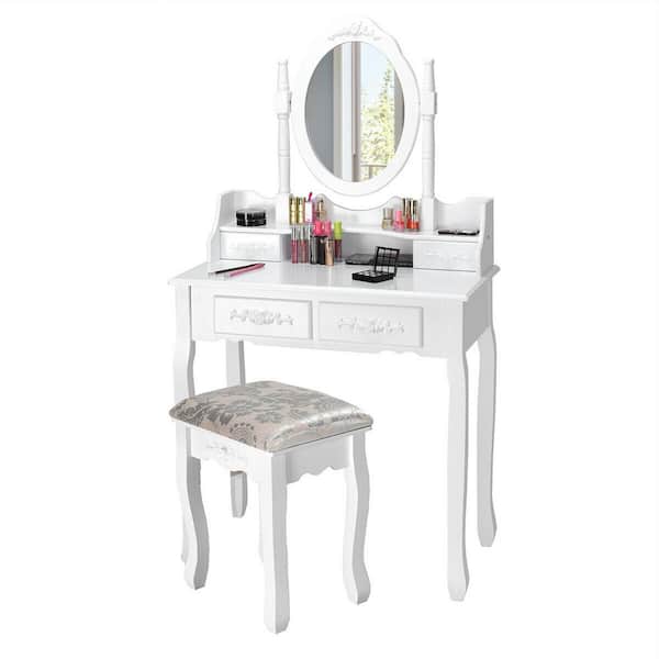 FORCLOVER 4-Drawer White Vanity Sets with 360° Rotatable Oval Mirror and Padded Stool