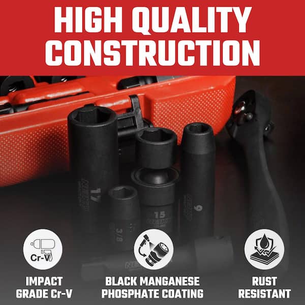 NEIKO 3/8 in. Drive SAE and Metric 6-Point Deep Impact Socket Set