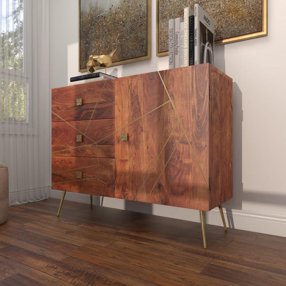Brown and Gold Metal Wood Buffet with 3 Drawers and 2 Doors