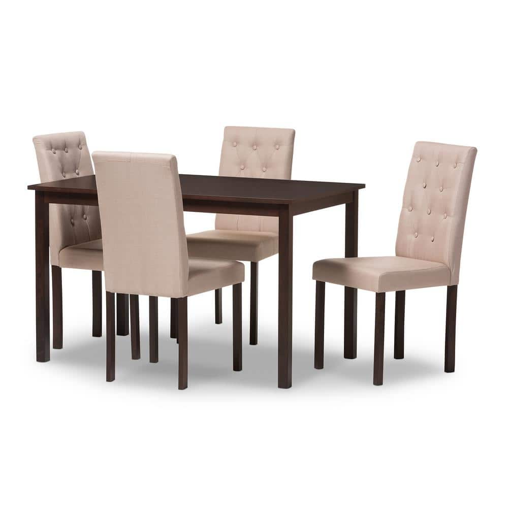 Contemporary Beige Fabric & Dark Brown Wood 5-Piece Dining Set