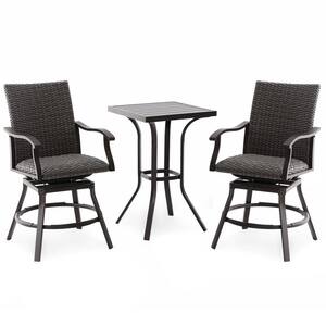 Durable and Modern Brown 3-Piece Aluminum Hand-Woven Rattan Wicker Outdoor Patio Bar Set with 360° Swivel Seat