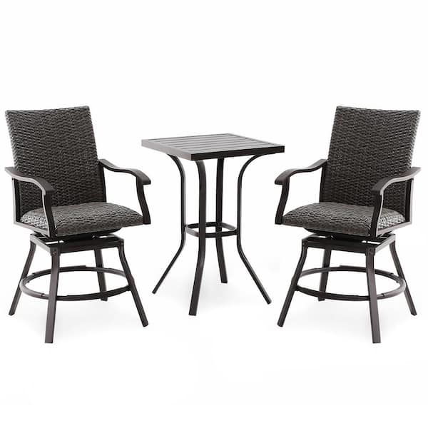Unbranded Durable and Modern Brown 3-Piece Aluminum Hand-Woven Rattan Wicker Outdoor Patio Bar Set with 360° Swivel Seat