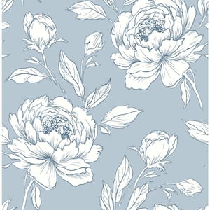 Peony Flower Blue Sky/White/Blue Paper Non-Pasted Strippable Wallpaper Roll (Cover 56.00 sq. ft.)