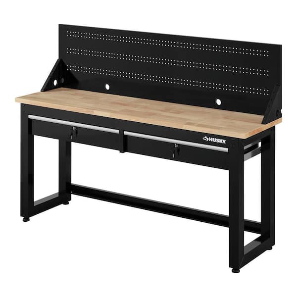 Husky Ready-To-Assemble 6 ft. Solid Wood Top Workbench in Black with Pegboard and 2 Drawers