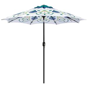 9 ft. Steel Market Crank and Tilt Pattern Patio Umbrella in Green and White