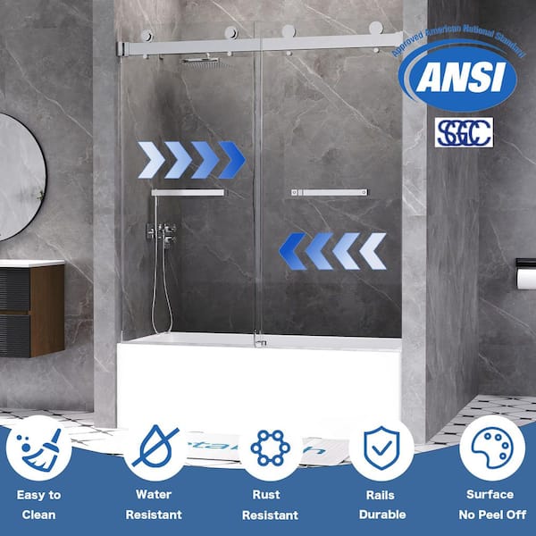 56 to 60 in. W x 66 in. H Double Sliding Frameless Tub Door in Chrome with 3/8 in. Tempered Clear Glass