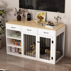 Wooden Heavy Duty Dog House Crate, Decorative Dog Kennel Furniture Dog Cage with 3-Drawers and 3-Shelves, White