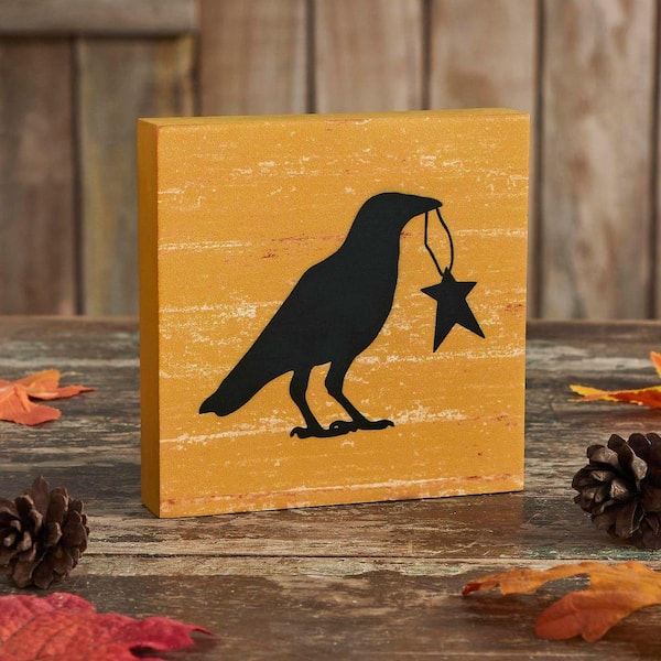 Prim Star 5 in. x 5 in. Raven on Mustard Base MDF Wall Art