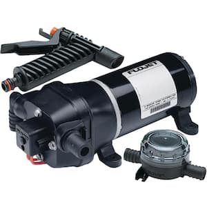 High Flow Quad Series 12-Volt Washdown Pump with Strainer and Nozzle, 4.5 GPM
