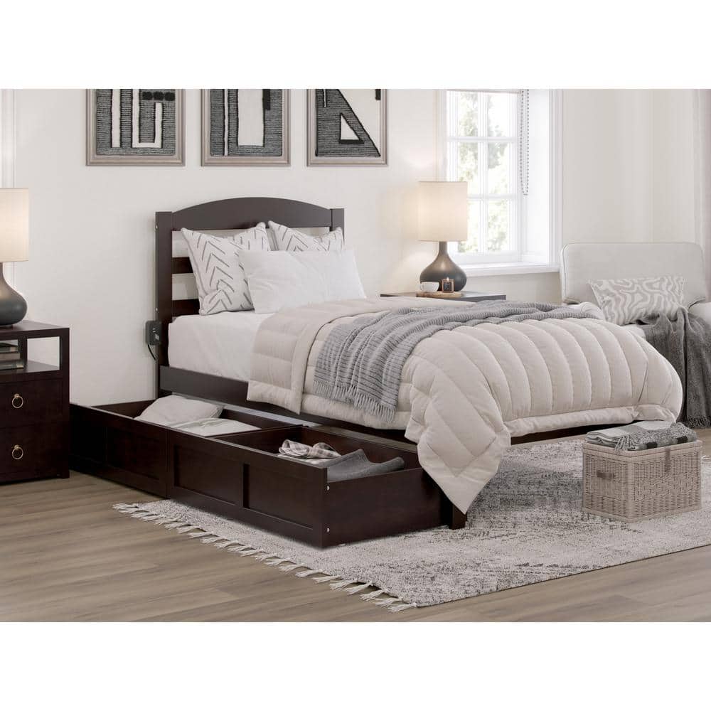 Espresso Twin Solid Wood Upholstered Platform Bed with Storage