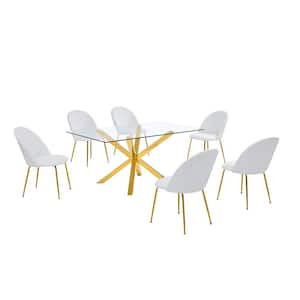 Tom 7-Piece Rectangle Glass Top With Gold Stainless Steel Table Set, 6 White Leather Chair w/Nail Head Trim