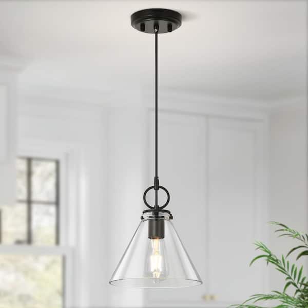 Jasslynn 60-Watts 1-Light Black Pendant Light with Clear Cone Glass Shade, 9.05 in. Hanging Light Dining Room, Kitchen