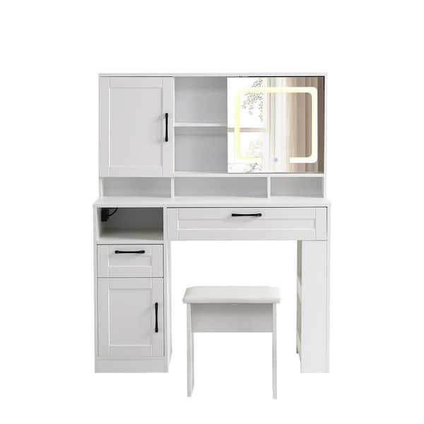 Boyel Living 2-Piece White Makeup Vanity Set with Large Sliding Lighted Mirror and Upholstered Stool