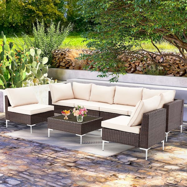Wildaven 7 Pieces Patio Conversation Set Outdoor Patio PE Rattan Wicker Furniture Sets