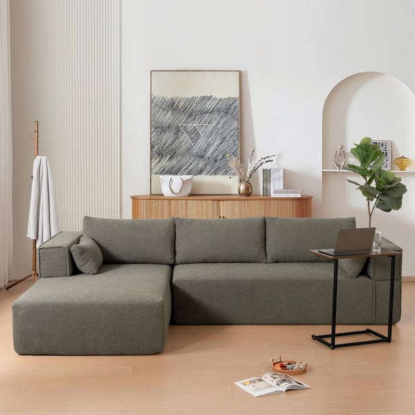 112 in. Wrinkle Resistant Boucle Fabric Fully Compressed Sectional Sofa in. Grayish Green