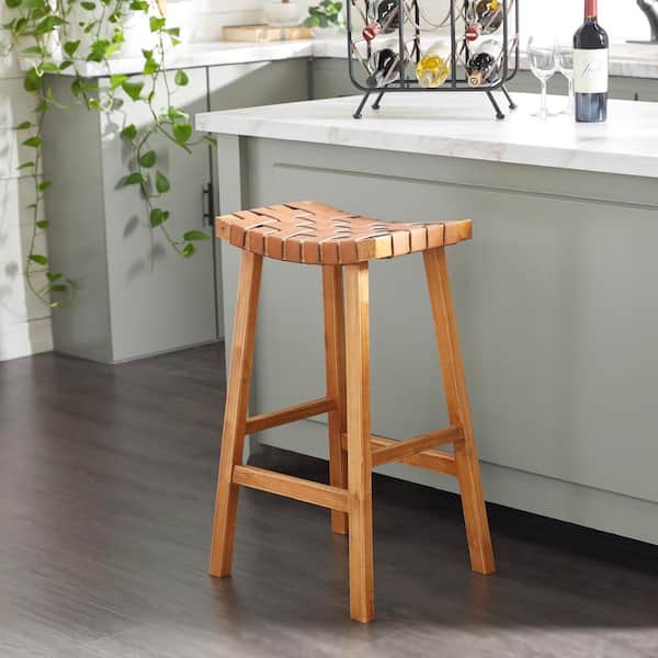 Litton Lane 30 in. Brown Wood Woven Seat Bar Stool