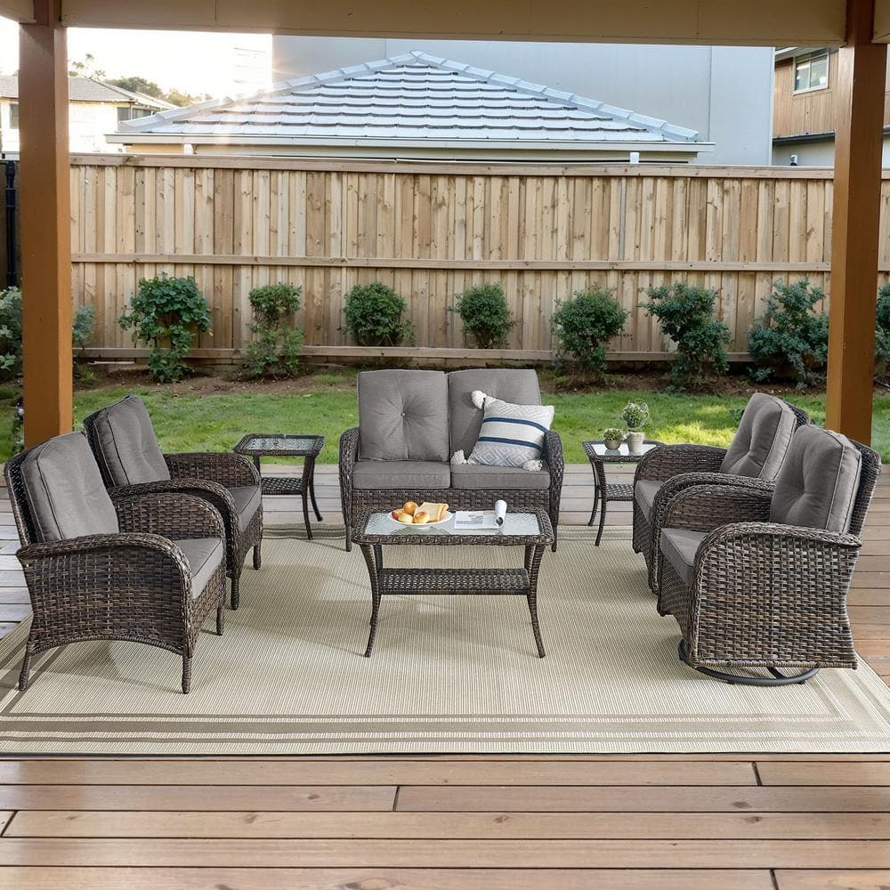 Brown 8-Piece Wicker Patio Conversation Set with Swivel Rockers, Outdoor Loveseat Seating Set with Gray Cushions price history on PriceWatchPro