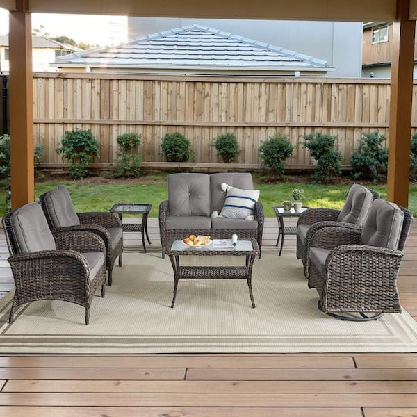 Opohoro Brown 8-Piece Wicker Patio Conversation Set with Swivel Rockers, Outdoor Loveseat Seating Set with Gray Cushions