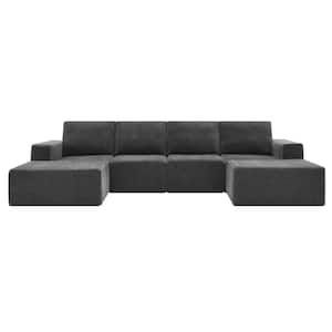 110 in. Square Arm Polyester U-Shaped Sofa, Sofa Bed in. Dark Gray