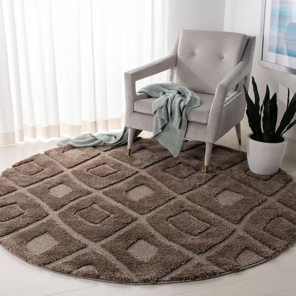 Olympia Shag 7 ft. x 7 ft. Mushroom Diamond High-Low Round Area Rug