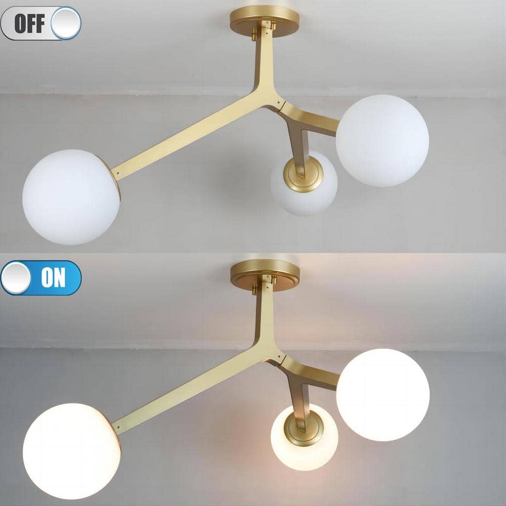 Gold Metal 3-Light Semi Flush Mount with Frosted Glass Globes