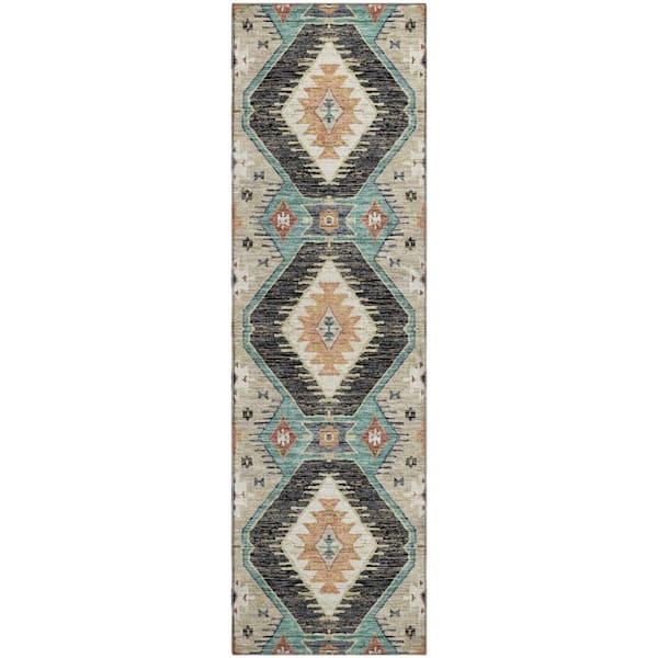 Mayfield Premium Machine Washable Abstract AMF2210 Black 2 ft. x 7 ft. Runner Rug