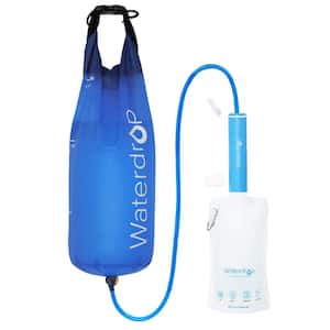 Blue Camping Water Filter Straw with 1.5 Gal. Water Bag and 16 oz. Water Pouch for Travel and Backpacking
