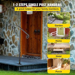 Single Post Wrought Iron Handrail Fit 1 or 2 Steps Outdoor Stair Railing Handrails for Outdoor Steps, Gray