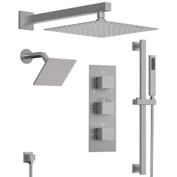 ZenithRain Wall Mount Triple Handle 5-Spray 12 in. and 6 in. Shower Faucet 2.5 GPM with High Pressure in Brushed Nickel