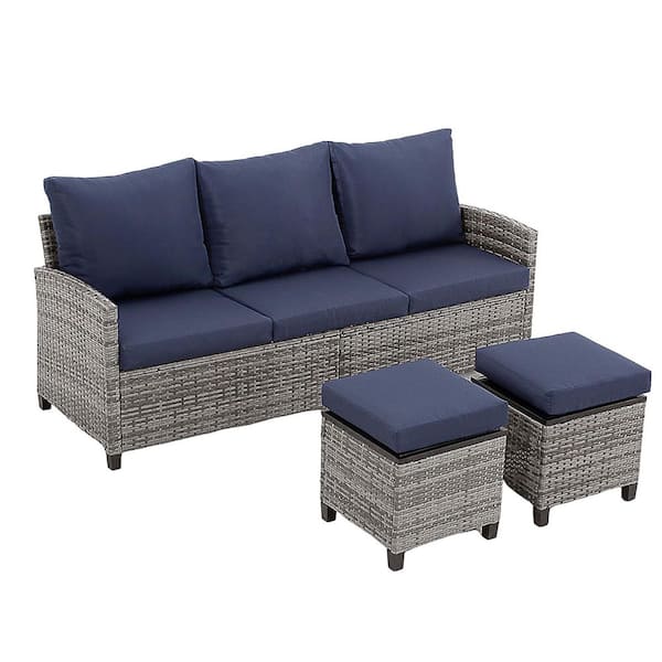 JUSKYS 3-Piece Gray Wicker Outdoor Dining Chair Patio Bistro Set with Blue Cushions, 3-Seater Chair and 2-Ottomans