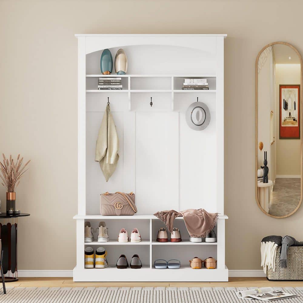 47.2 in. W x 15.7 in. D x 75.3 in. H White Wood Hall Tree with Open Storage