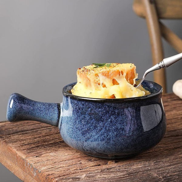 JFVKAF 4-Piece Blue Porcelain Onion Soup Bowls Set with Handles