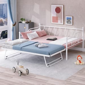 White Full Size Metal Daybed with Twin Size Adjustable Portable Folding Trundle