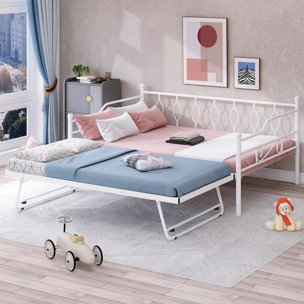 Harper & Bright Designs White Full Size Metal Daybed with Twin Size Adjustable Portable Folding Trundle