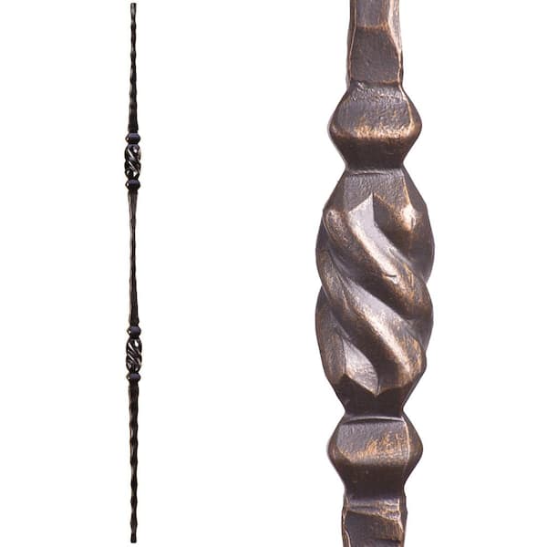 HOUSE OF FORGINGS Tuscan Square Hammered 44 in. x 0.5625 in. Vintage Brass Double Twisted Knuckle Solid Wrought Iron Baluster